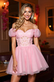 Pink Tulle A Line Corset Cold Shoulder Short Homecoming Dress