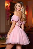 Pink Tulle A Line Corset Cold Shoulder Short Homecoming Dress