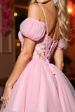 Pink Tulle A Line Corset Cold Shoulder Short Homecoming Dress