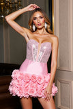 Sparkly Pink Satin Bodycon Beaded Short Homecming Dress with 3D Flowers