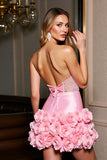 Sparkly Pink Satin Bodycon Beaded Short Homecming Dress with 3D Flowers
