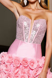 Sparkly Pink Satin Bodycon Beaded Short Homecming Dress with 3D Flowers