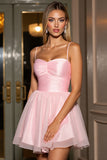 Pink A Line Tulle Spaghetti Straps Short Homecoming Dress