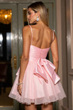 Pink A Line Tulle Spaghetti Straps Short Homecoming Dress