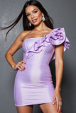 Lilac Corset Satin Bodycon One Shoulder Short Homecoming Dress with Ruffles