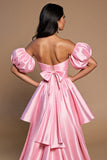 Pink High Low Satin A Line Off the Shoulder Short Homecoming Dress