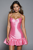 Hot Pink Satin Bodycon Ruffled Short Homecoming Dress