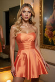 Orange Satin A Line Strapless Short Homecoming Dress