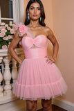 One Shoulder Pink A Line Tulle Homecoming Dress with 3D Flowers