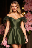 Off The Shoulder Satin Army Green Cocktail Dress
