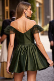 Off The Shoulder Satin Army Green Cocktail Dress