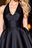 Halter Black Satin A Line Homecoming Dress