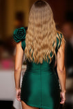 Dark Green Ruched Floral Satin Bodycon Homecoming Dress