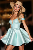 Green Satin Off The Shoulder A Line Homecoming Dress