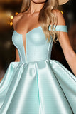 Green Satin Off The Shoulder A Line Homecoming Dress
