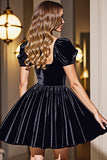 Black A Line Short Homecoming Dress With Puff Sleeves