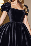 Black A Line Short Homecoming Dress With Puff Sleeves
