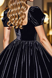 Black A Line Short Homecoming Dress With Puff Sleeves