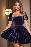 Black A Line Short Homecoming Dress With Puff Sleeves