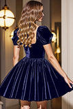 Black A Line Short Homecoming Dress With Puff Sleeves