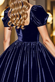 Black A Line Short Homecoming Dress With Puff Sleeves