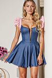 Dark Blue Ruffled Square Neck A Line Homecoming Dress