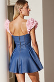 Dark Blue Ruffled Square Neck A Line Homecoming Dress