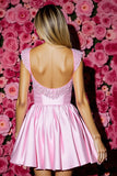 Pink Satin Pleated A Line Homecoming Dress with Bow