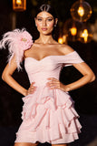 Off The Shoulder Pink Tiered Homecoming Dress With Feathers