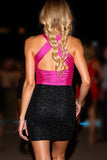 Sparkly Halter Bodycon Black Fuchsia Mini Homecoming Dress