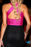 Sparkly Halter Bodycon Black Fuchsia Mini Homecoming Dress