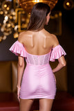 Pink Off The Shoulder Corset Beaded Homecoming Dress