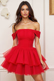 Off The Shoulder Red Tulle Ruffled Homecoming Dress