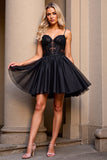 A Line Black Appliqued Mini Homecoming Dress