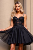 A Line Black Appliqued Mini Homecoming Dress