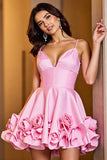 Pink Ruffled A Line V Neck Homecoming Dress With 3D Flowers