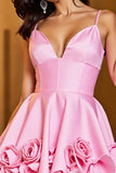 Pink Ruffled A Line V Neck Homecoming Dress With 3D Flowers