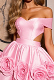 Off The Shoulder Pink Cut Out Homecoming Dress with 3D Flowers