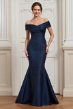 Navy Mermaid Off The Shoulder Mother Of The Bride Dress With Appliques