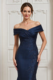 Navy Mermaid Off The Shoulder Mother Of The Bride Dress With Appliques
