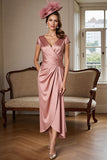 Dusty Rose Sheath Satin Ruched Midi Mother Of Bride Dress