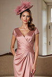 Dusty Rose Sheath Satin Ruched Midi Mother Of Bride Dress