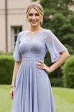 Grey Blue Ruched Chiffon A Line High Low Mother Of The Bride Dress