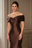 Brown Mermaid Satin Off The Shoulder Mother Of The Bride Dress