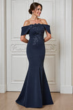 Mermaid Navy Off The Shoulder Mother Of The Bride Dress With Appliques