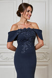 Mermaid Navy Off The Shoulder Mother Of The Bride Dress With Appliques