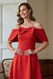 Off The Shoulder Red A Line Midi Mother Of The Bride Dress With Bow