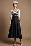 Black Satin A Line Midi Mother Of The Bride Dress Wth Appliques