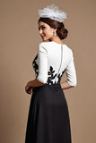 Black Satin A Line Midi Mother Of The Bride Dress Wth Appliques