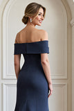 Off The Shoulder Navy Mermaid Mother Of The Bride Dress With Appliques